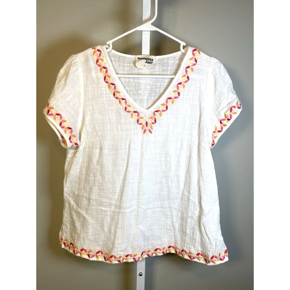 White Boho Embroidered Peasant Top Large Savanna Jane‎ Beach Resortwear Cottage
